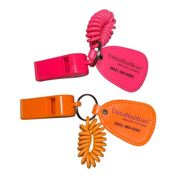 United Healthcare Keychain Safety Whistle Plastic Retro Neon Pink Orange Rare 2 - Picture 1 of 7